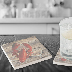 Maine Lobster Stone Coaster with Fish Net