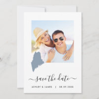 Maine Map Photo Wedding Save the Date Card Blue