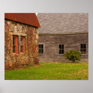 Maine,  Old stone building and wooden barn in Poster