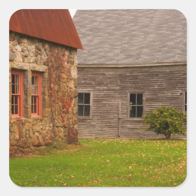 Maine,  Old stone building and wooden barn in Square Sticker (Front)