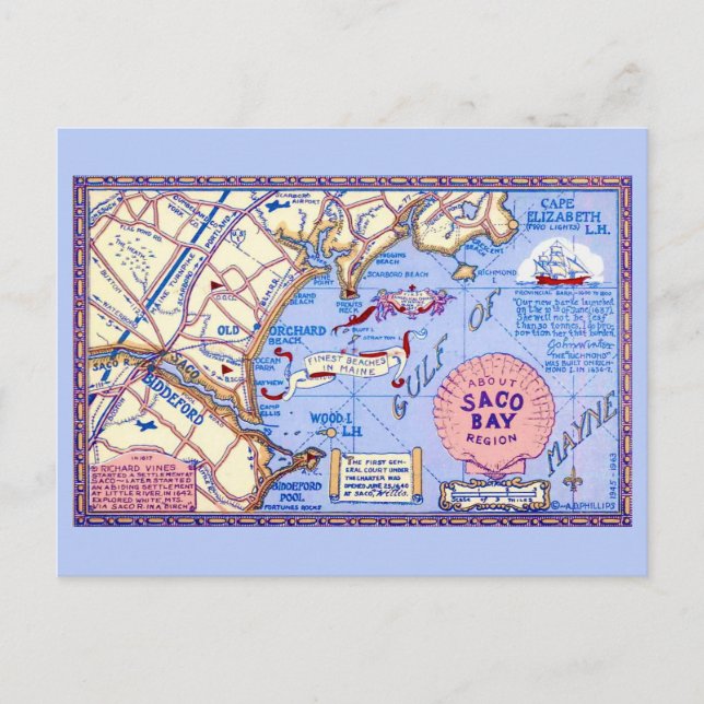 Maine - Saco Bay Map Postcard (Front)