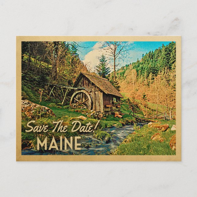 Maine Save The Date Rustic Cabin Mill Woods Announcement Postcard (Front)