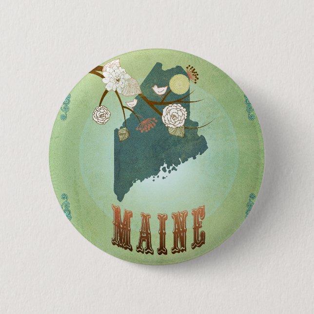 Maine State Map – Green 6 Cm Round Badge (Front)
