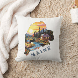 Maine State Outline Cabin Moose Cushion