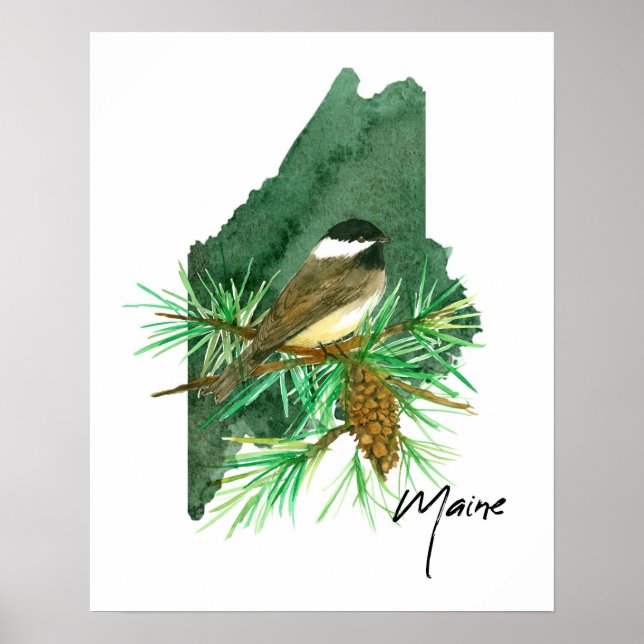 Maine State Shape Black Capped Chickadee  Poster (Front)