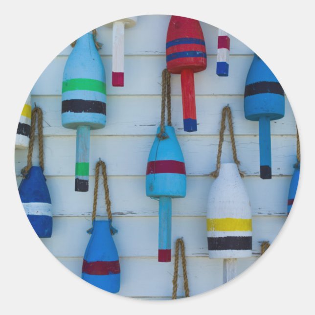 Maine, Stonington, decorative lobster buoys Classic Round Sticker (Front)