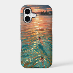 Maine Swimmers Sunset Oil Painting Monogram