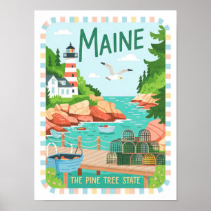 Maine the Pine Tree State USA Summer Travel Poster