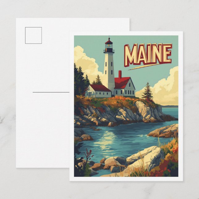Maine USA Art Vintage Illustration Travel Postcard (Front/Back)