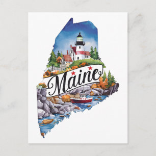 Maine USA State Shaped Vintage Watercolor  Postcard