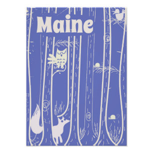Maine USA woodland vintage travel poster