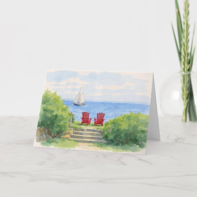 Maine Watercolor  Red Adirondack Chairs Seaside Note Card (Front)