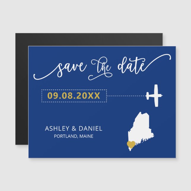 Maine Wedding Save the Date Card, Map Magnetic Invitation (Front/Back)