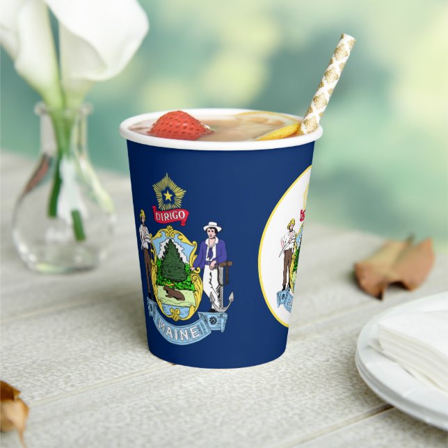 Mainer Flag & Seal, Flag of Maine Paper Cups (Insitu)