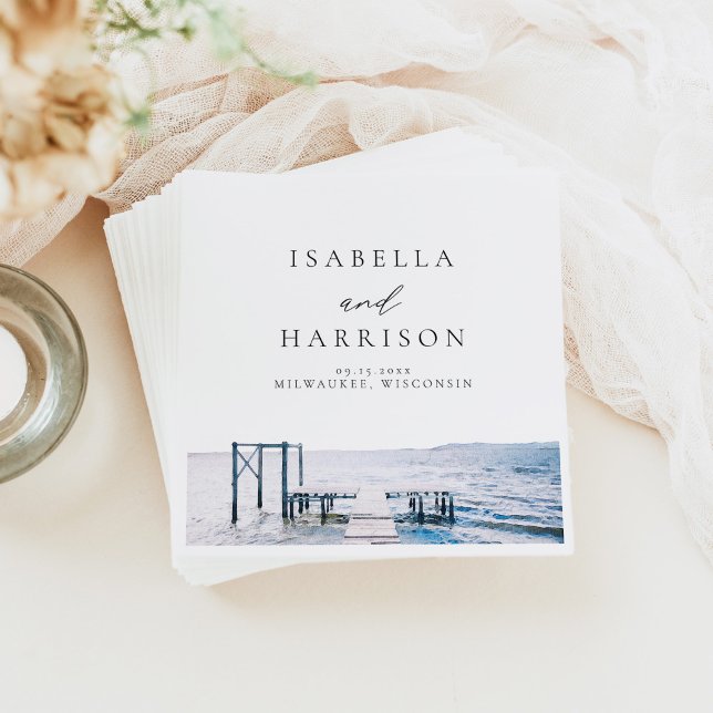 MAIRI Lake Pier Destination Watercolor Wedding Napkin (Creator Uploaded)