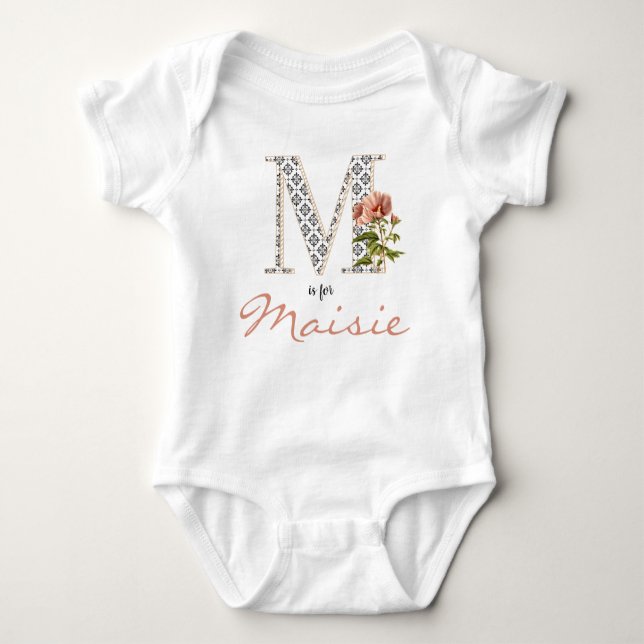 Maisie Name Reveal Floral Letter M Girl Flower Baby Bodysuit (Front)