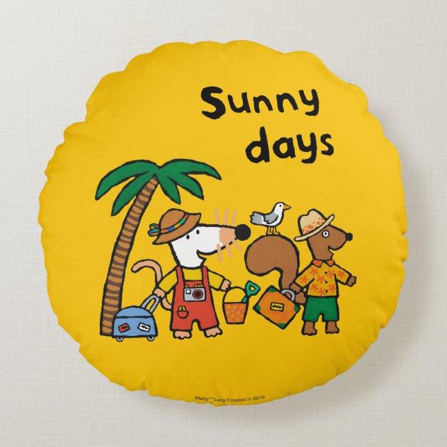 Maisy and Cyril with Palm Tree at the Beach Round Cushion (Front)