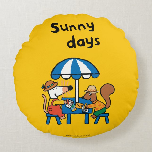 Maisy Writes Postcards under Blue Umbrella Round Cushion (Front)