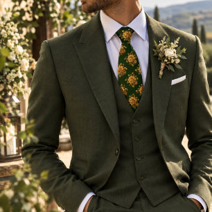 Maize Gold Peony on Deep Forest Green Floral Tie