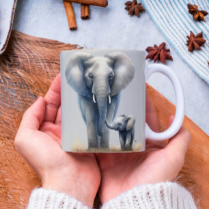 Majestic African Elephant and Baby in Watercolor  Coffee Mug