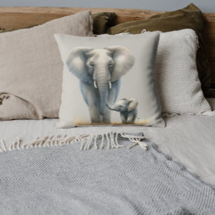 Majestic African Elephant and Baby in Watercolor Cushion