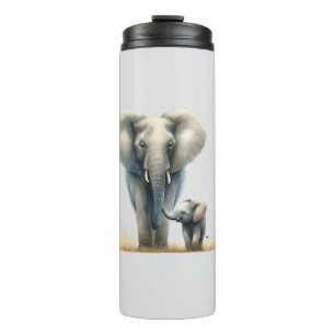Majestic African Elephant and Baby in Watercolor  Thermal Tumbler