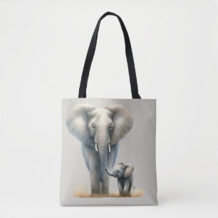 Majestic African Elephant and Baby in Watercolor  Tote Bag