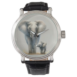 Majestic African Elephant and Baby in Watercolor Watch