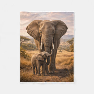 Majestic African Elephant With Calf In Savanna Fle Fleece Blanket