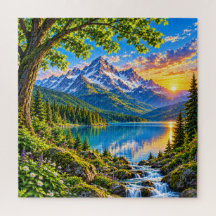 Majestic Alpine Mountain Lake Sunset Landscape Art