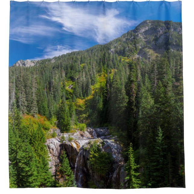 Majestic Alpine Waterfall Landscape Shower Curtain (Front)