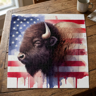 Majestic American Bison & Patriotic Flag Artwork Jigsaw Puzzle