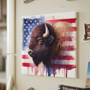 Majestic American Bison & Patriotic Flag Artwork Magnet