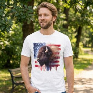 Majestic American Bison & Patriotic Flag Artwork T-Shirt