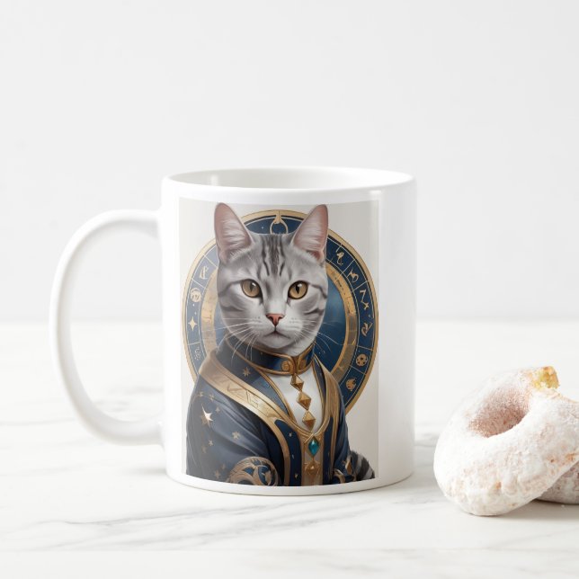 Majestic American Shorthair Cat in Blue and Gold  Coffee Mug (With Donut)