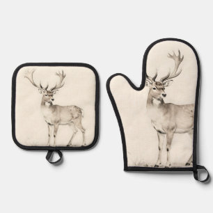 Majestic Antlered Deer Sketch Oven Mitt & Pot Holder Set