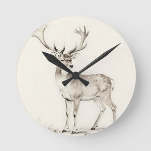 Majestic Antlered Deer Sketch Round Clock