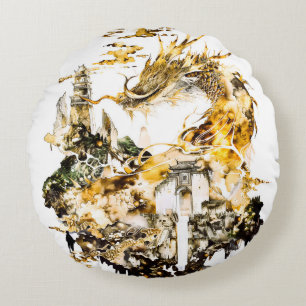Majestic Asian Mythology Dragon Temple Fantasy Round Cushion