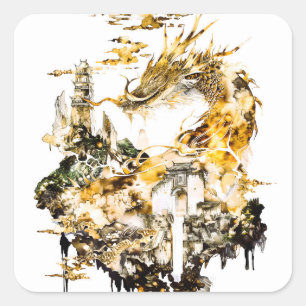 Majestic Asian Mythology Dragon Temple Fantasy Square Sticker