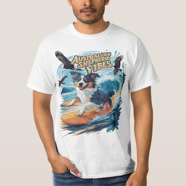 Majestic Australian Shepherd Dog Surfing the Crest T-Shirt (Front)