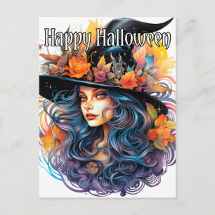 Majestic Autumn Witch Illustration Happy Halloween Postcard