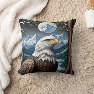 Majestic Bald Eagle in Snowy Mountain Landscape Cushion