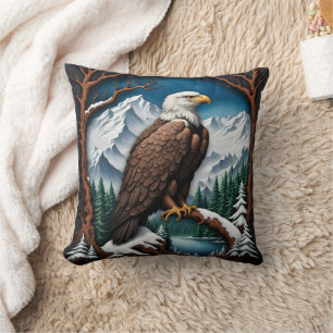Majestic Bald Eagle Over Snowy Mountain Lake Cushion