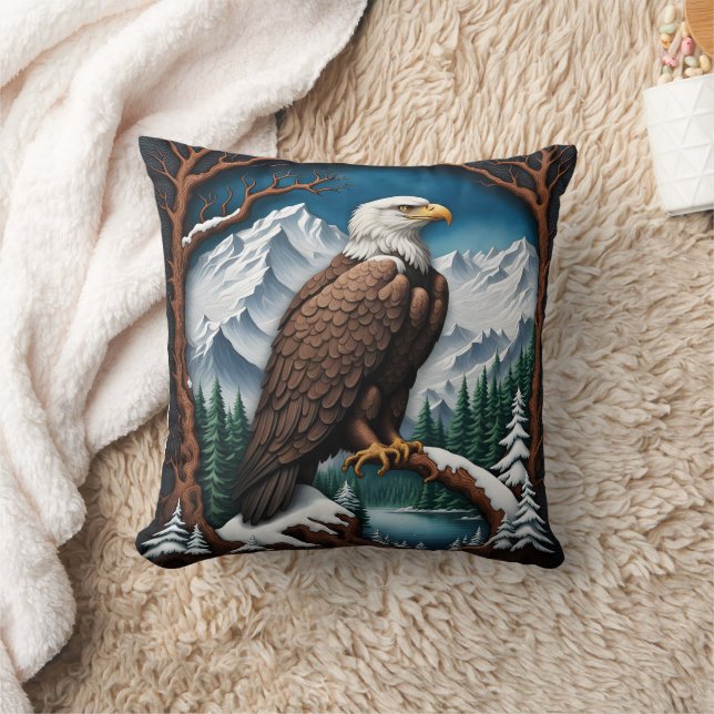 Majestic Bald Eagle Over Snowy Mountain Lake Cushion (Blanket)