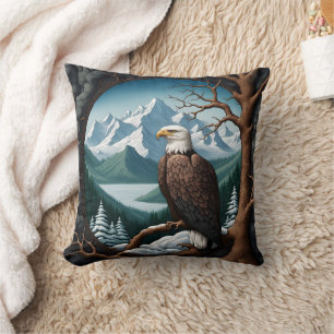 Majestic Bald Eagle Overlooking Mountain Lake Cushion
