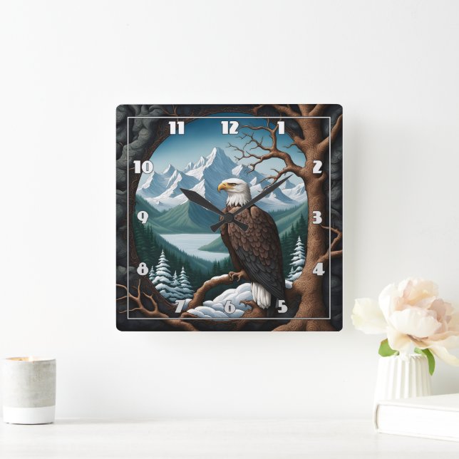 Majestic Bald Eagle Overlooking Mountain Lake Square Wall Clock (Home)