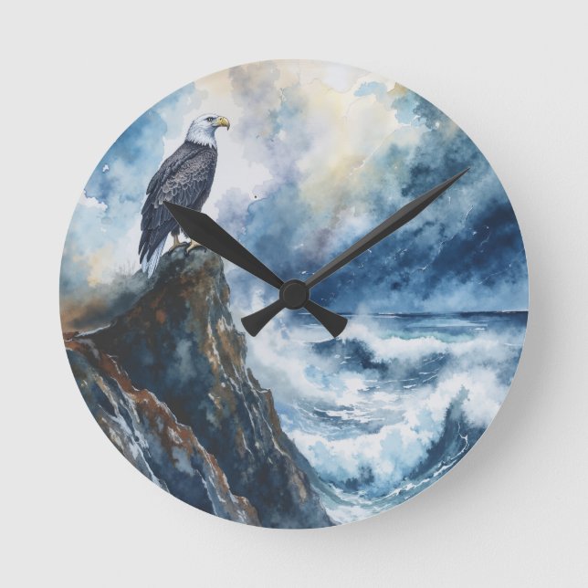 Majestic Bald Eagle Overlooking the Ocean  Round Clock (Front)