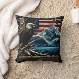 Majestic Bald Eagle Perched by Mountains and Flag Cushion