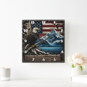 Majestic Bald Eagle Perched by Mountains and Flag Square Wall Clock