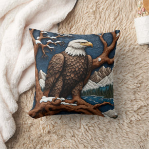 Majestic Bald Eagle Perched in Winter Landscape Cushion